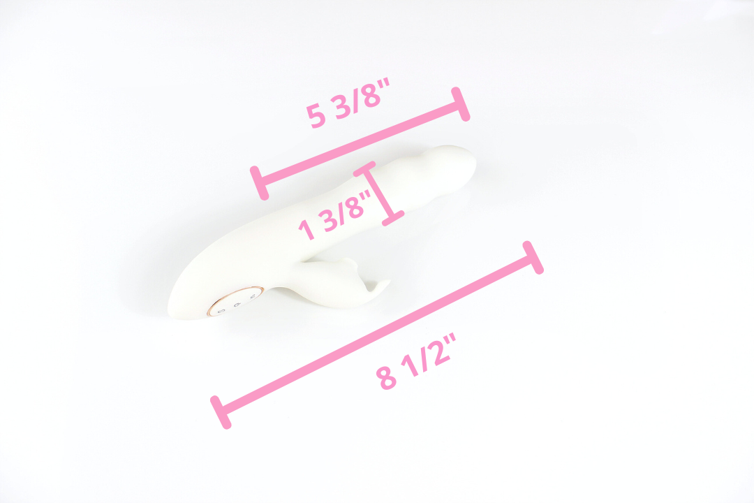 Bunny thruster on white background with measurements in pink: 5 3/8" insertable length, 8 1/2" total length, 1 3/8" insertable width