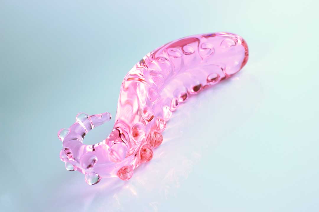 Above view of Girthy Glass Tentacle Dildo on white background