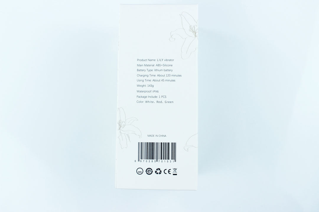 Back of lily suction vibrator box with the following information: "Product Name: LILY vibrator, Main Material: ABS + Silicone, Battery Type: lithium battery, Charging Time: About 120 minutes, Weight: 143g, Waterproof: IPX6, Package Include: 1 PCS, Color: White, Red, Green, Made in China