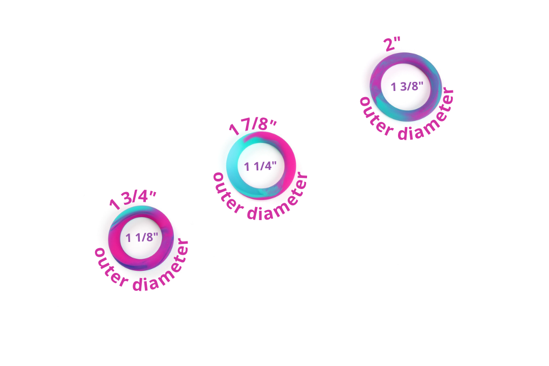 Three multicolored (blue, hot pink, and purple) silicone cock rings on a white background with text showing their inner and outer diameter measurements