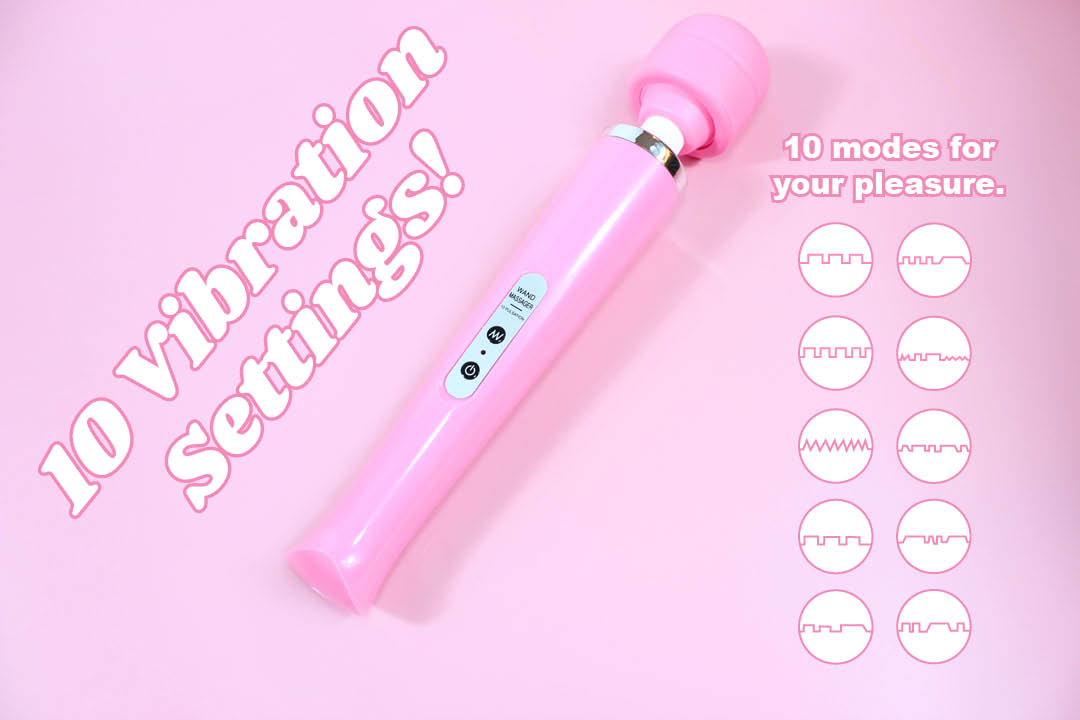 Pink massage wand on pink background with 10 illustrations of pulse settings and text that reads: "10 vibration settings! 10 modes for your pleasure."