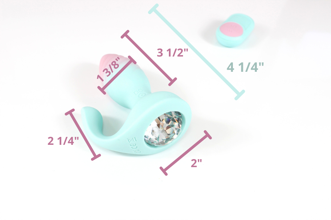 Pastel blue and pink vibrating gem butt plug with remote on white background showing measurements in pink and blue text