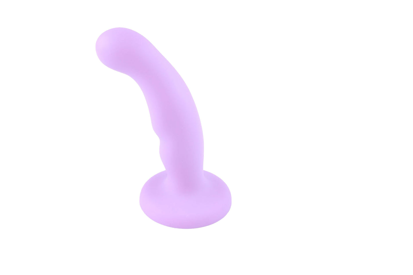 Light purple silicone dildo standing upright on white background