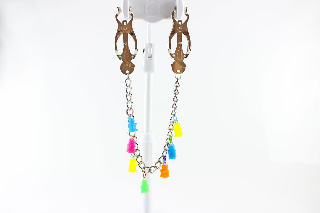 Silver clover clamps with neon multicolored gummy bear charms