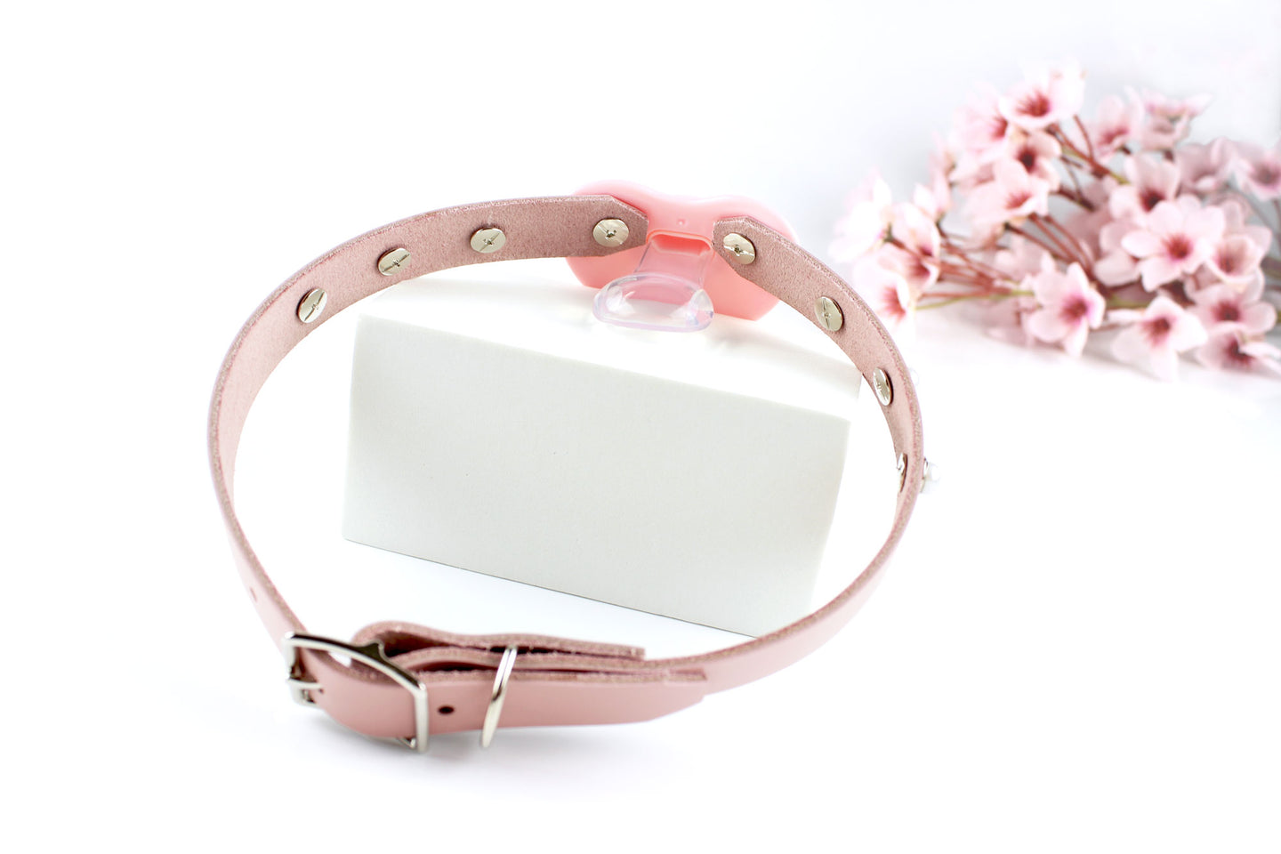 Back view of pink pacifier gag on white rectangle with pink flowers in the background