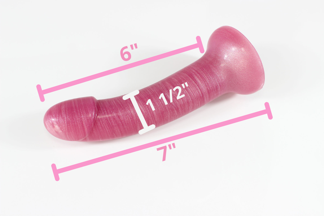 Side view of dark pink, pearlescent silicone dildo on a white background with corresponding measurements