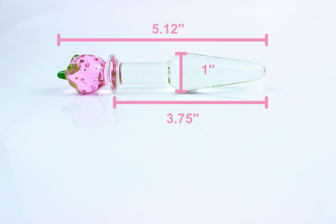 Image showing strawberry plug measurements: 3.75 inches insertable length, 5.12 inches total length, 1 inch widest diameter