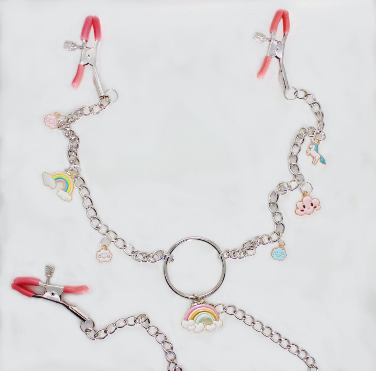 3 chain nipple and clit adjustable screw clamps with rainbow, cloud, and unicorn charms